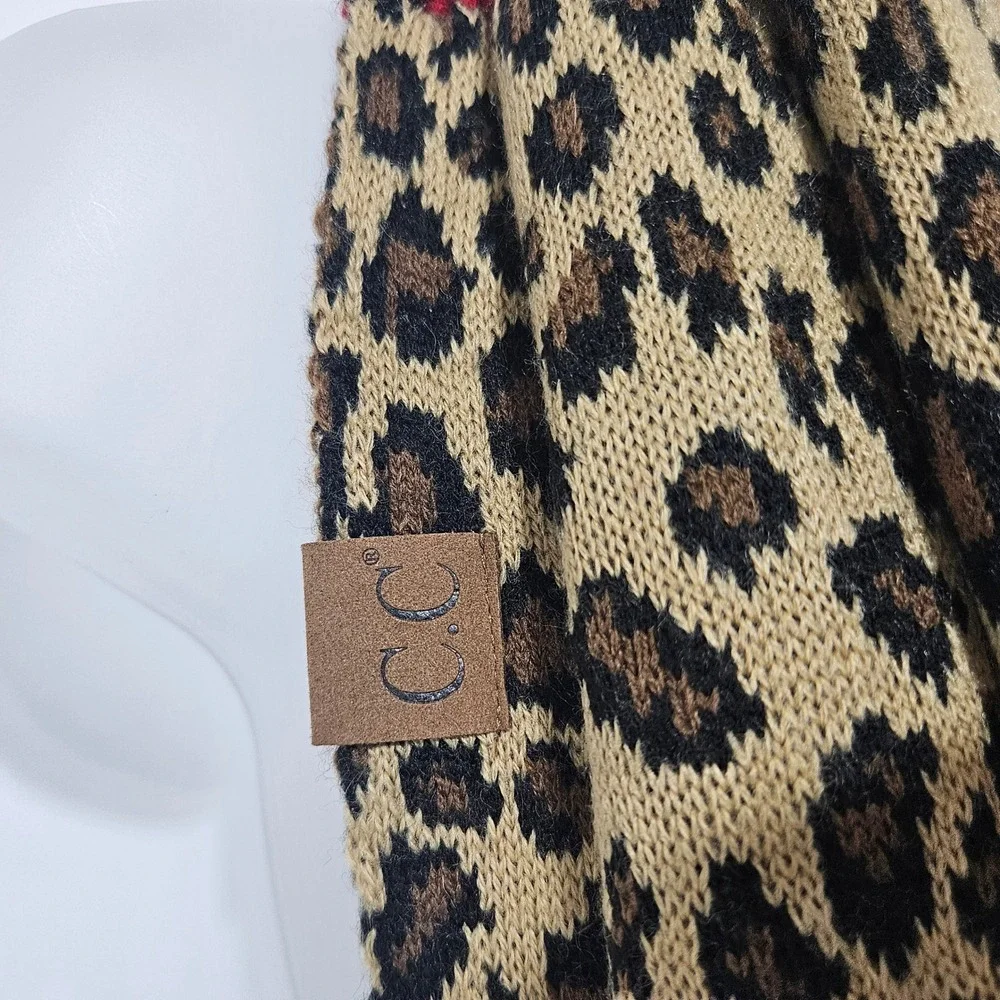 CC Beanie Red Ribbed and Leopard Print Knit Infinity Scarf Women chunky mob wife